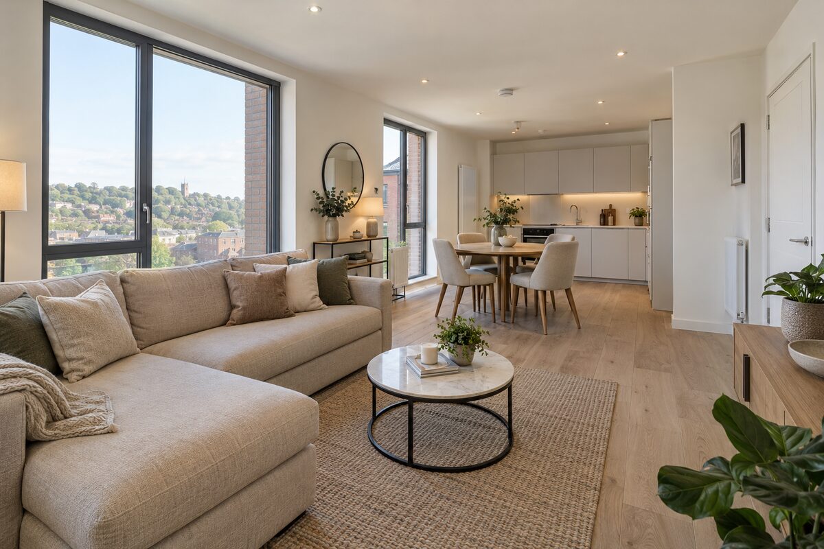 Living room in a 2020s apartment, open-plan, pale and bright