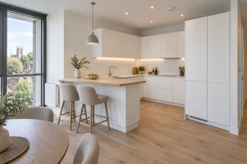 Kitchen in a 2020s apartment, open-plan, pale and bright