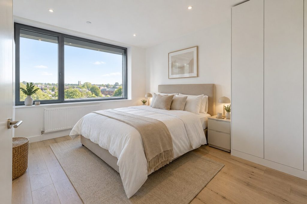 Bedroom in a 2020s apartment, open-plan, pale and bright