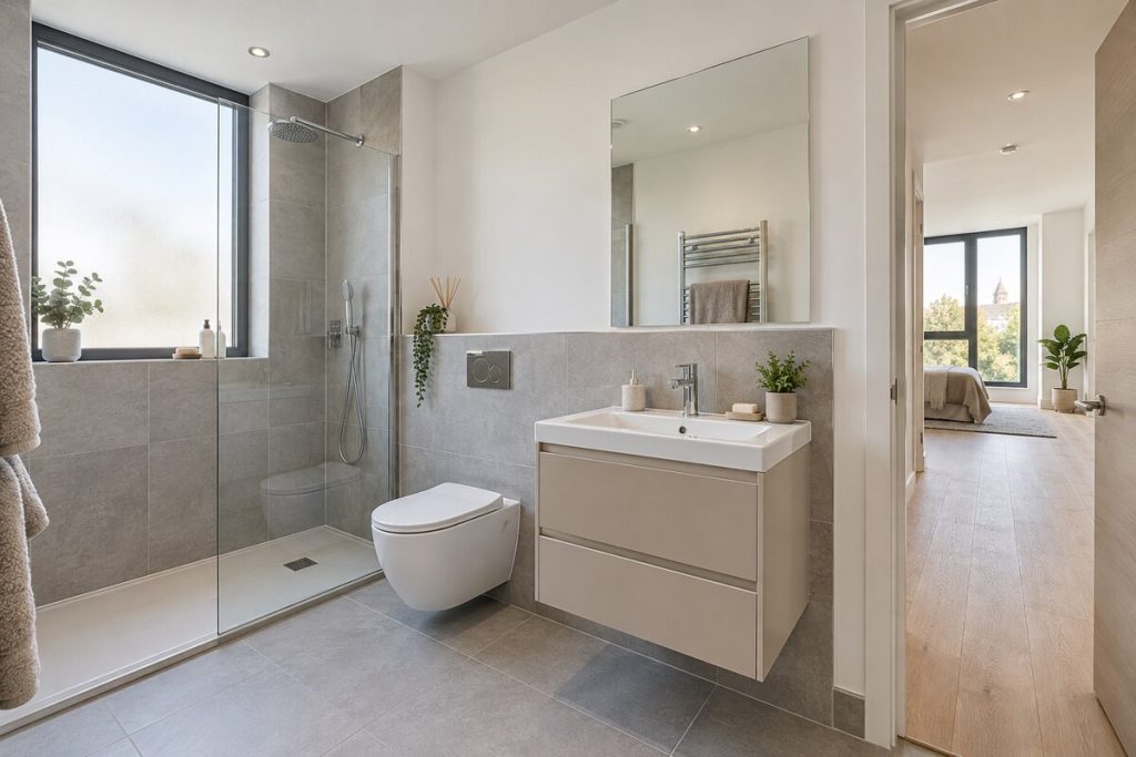 Bathroom in a 2020s apartment, open-plan, pale and bright