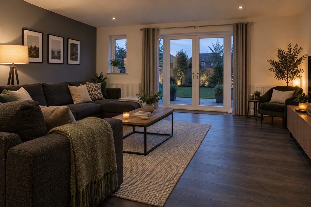 Living room in a 2010s new-build, dark kitchen, evening light