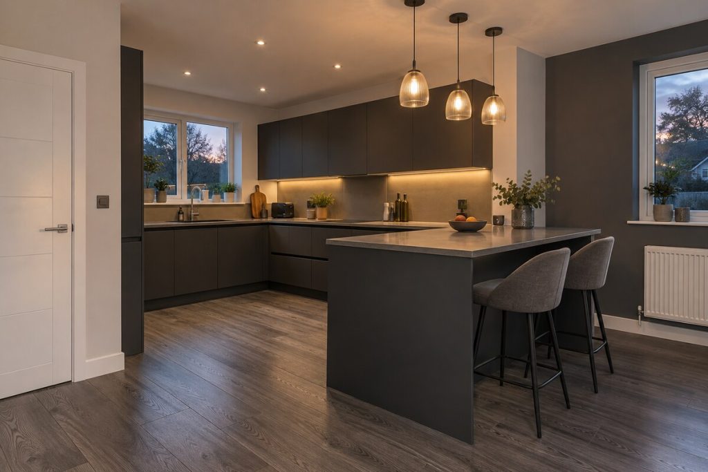 Kitchen in a 2010s new-build, dark kitchen, evening light