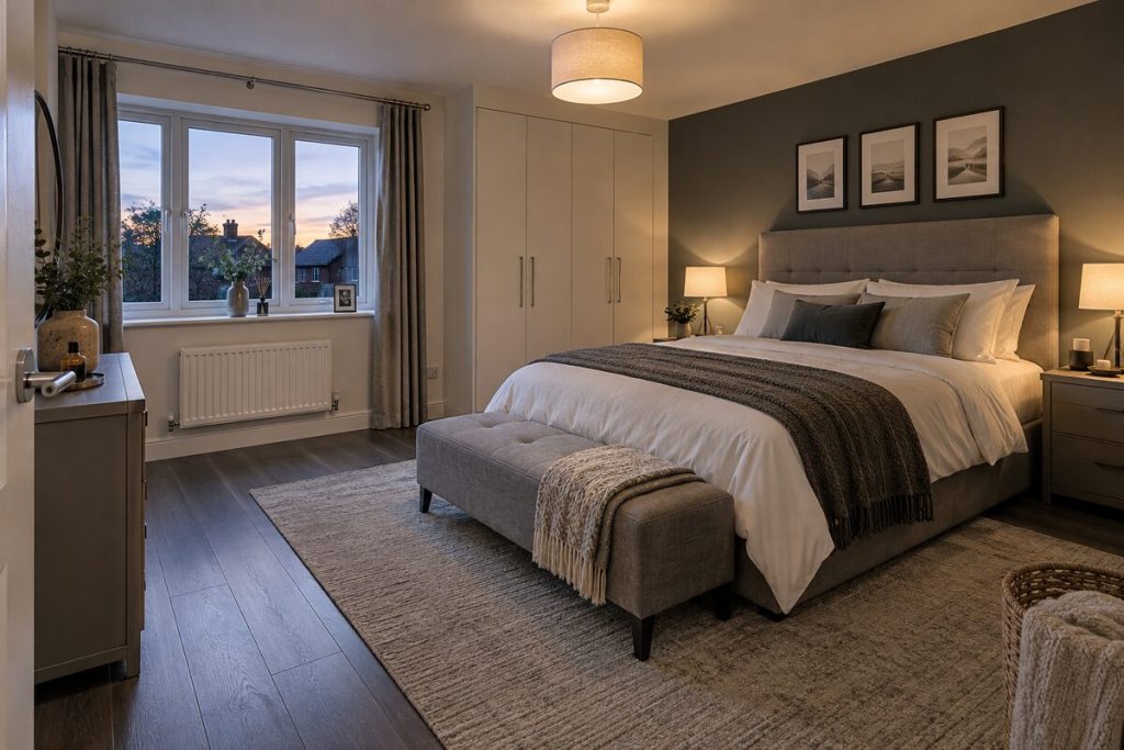 Bedroom in a 2010s new-build, dark kitchen, evening light