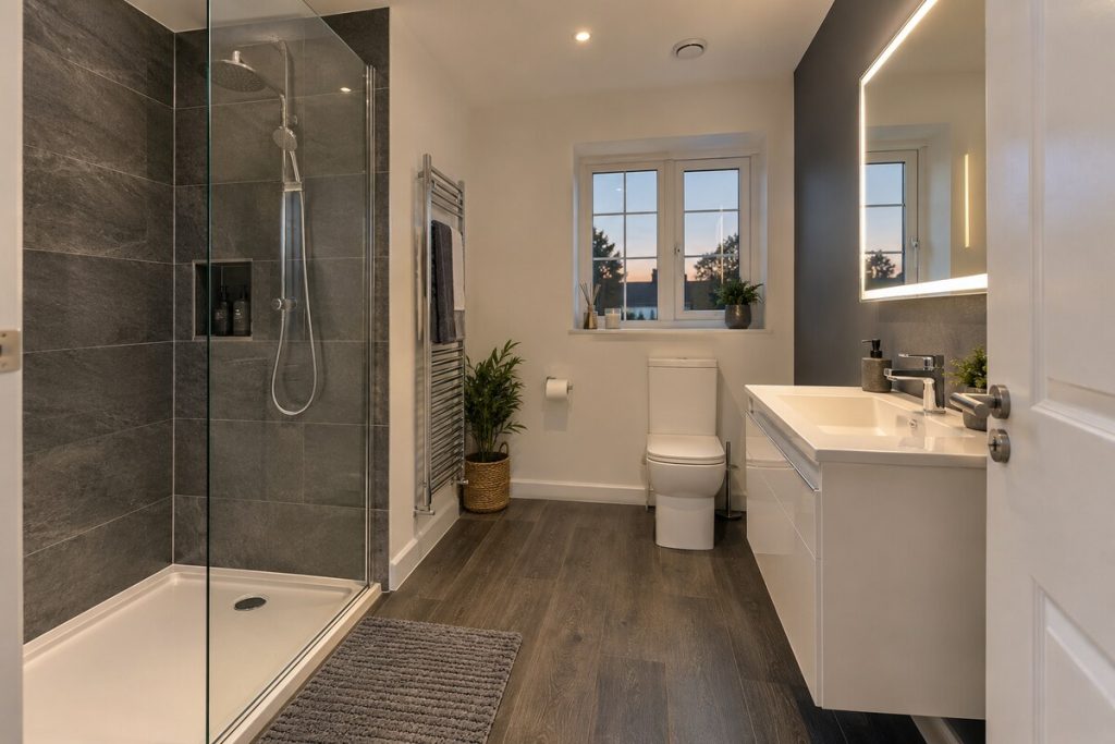 Bathroom in a 2010s new-build, dark kitchen, evening light