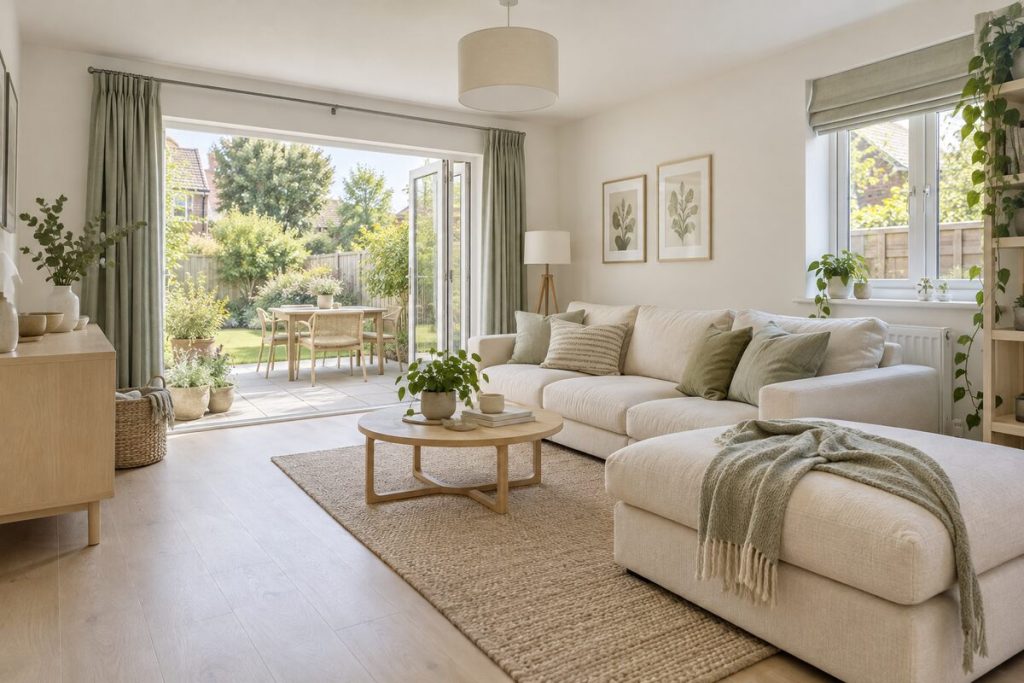 Living room in a 2020s new-build house, light scandi, plants