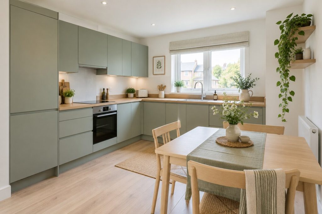Kitchen in a 2020s new-build house, light scandi, plants