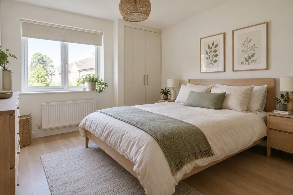 Bedroom in a 2020s new-build house, light scandi, plants