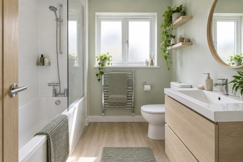 Bathroom in a 2020s new-build house, light scandi, plants