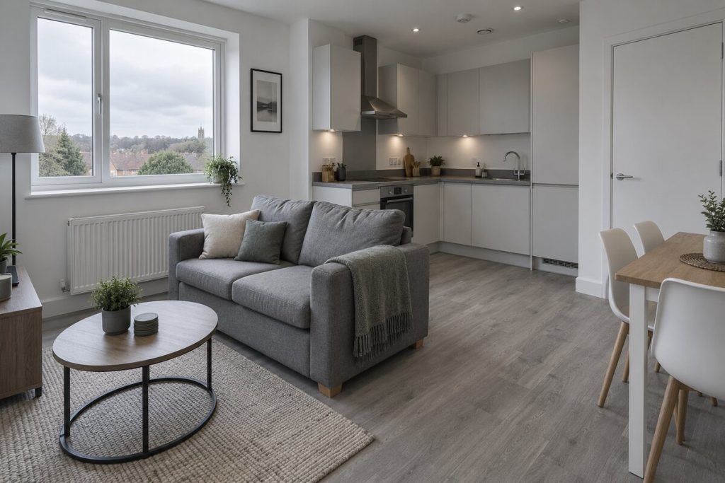 Living room in a 2010s flat, compact, white and grey, overcast