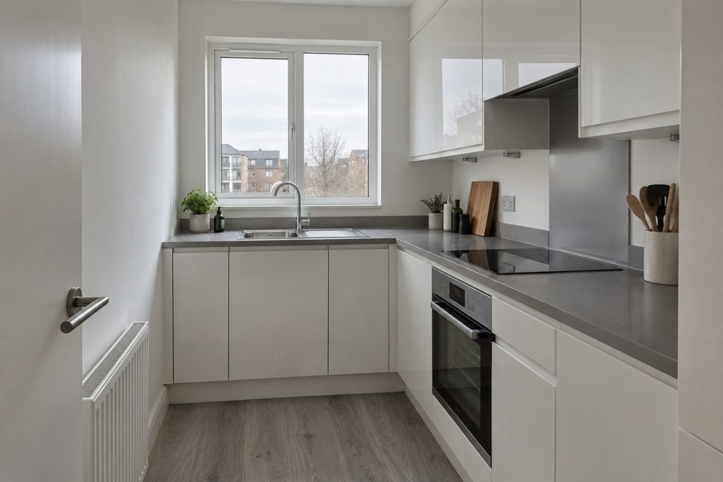 Kitchen in a 2010s flat, compact, white and grey, overcast