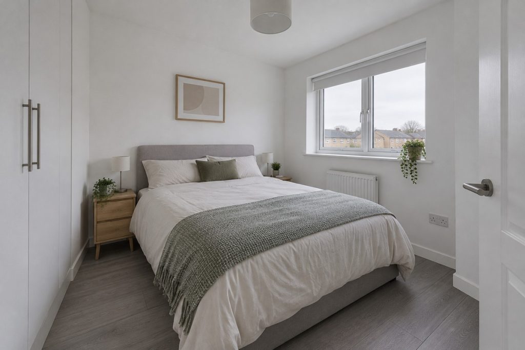 Bedroom in a 2010s flat, compact, white and grey, overcast
