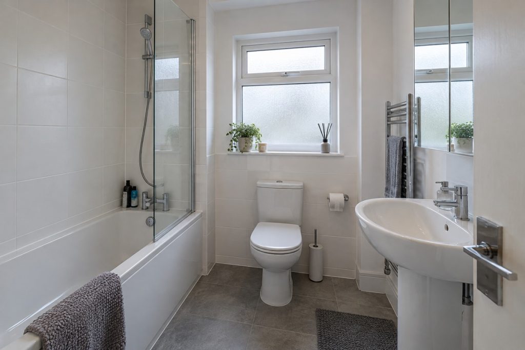 Bathroom in a 2010s flat, compact, white and grey, overcast