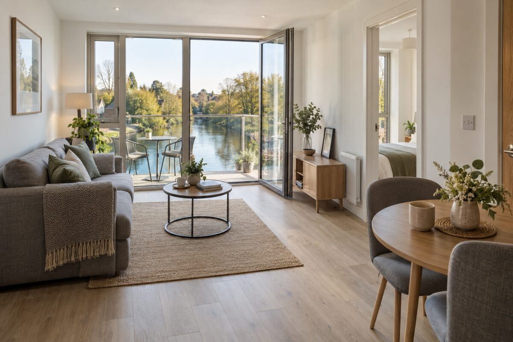 Living room in a new-build riverside one-bedroom flat, pale oak and white, with a balcony