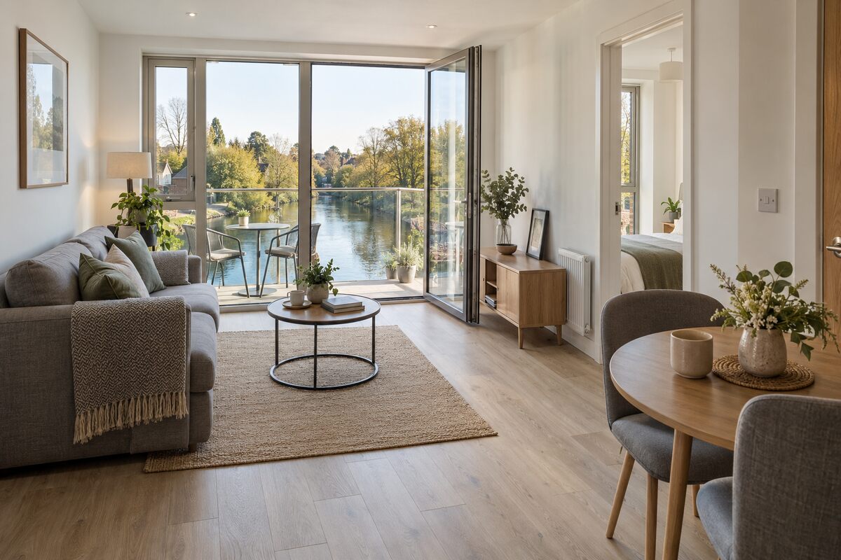 Living room in a new-build riverside one-bedroom flat, pale oak and white, with a balcony