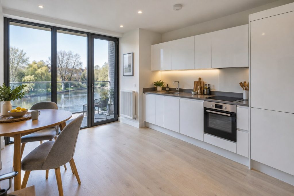 Kitchen in a new-build riverside one-bedroom flat, pale oak and white, with a balcony