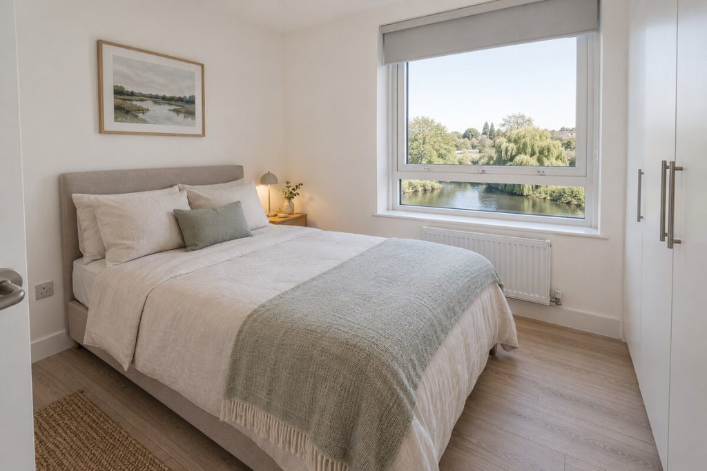 Bedroom in a new-build riverside one-bedroom flat, pale oak and white, with a balcony