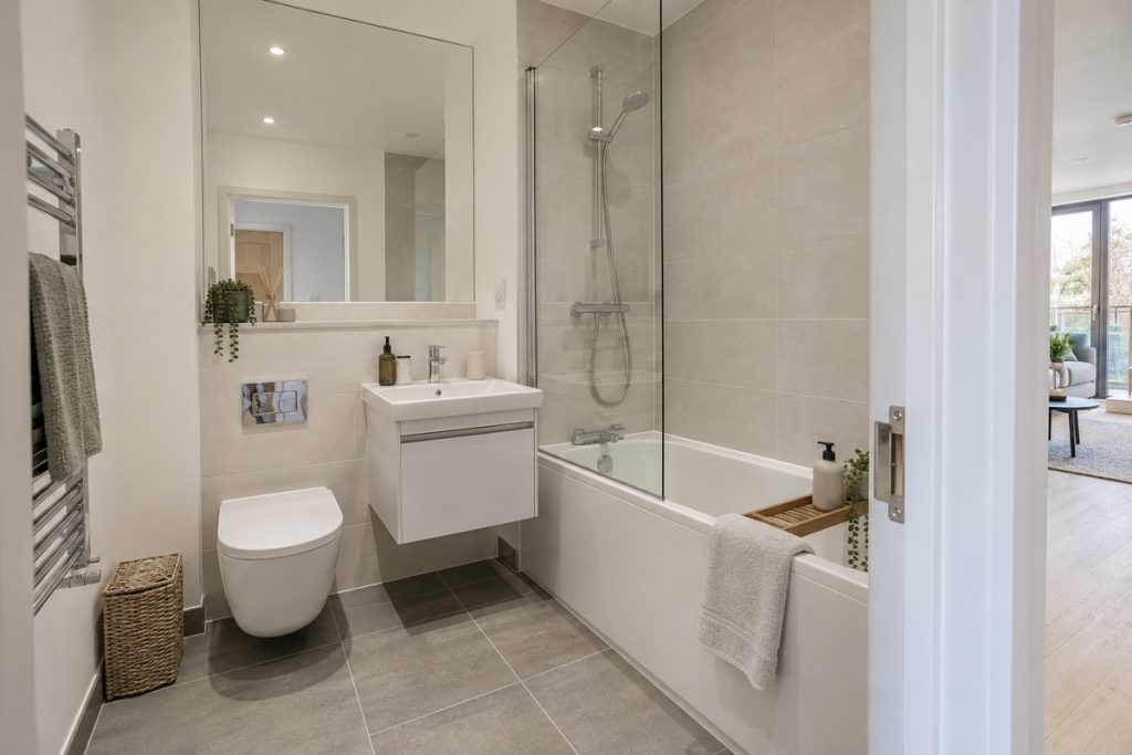 Bathroom in a new-build riverside one-bedroom flat, pale oak and white, with a balcony