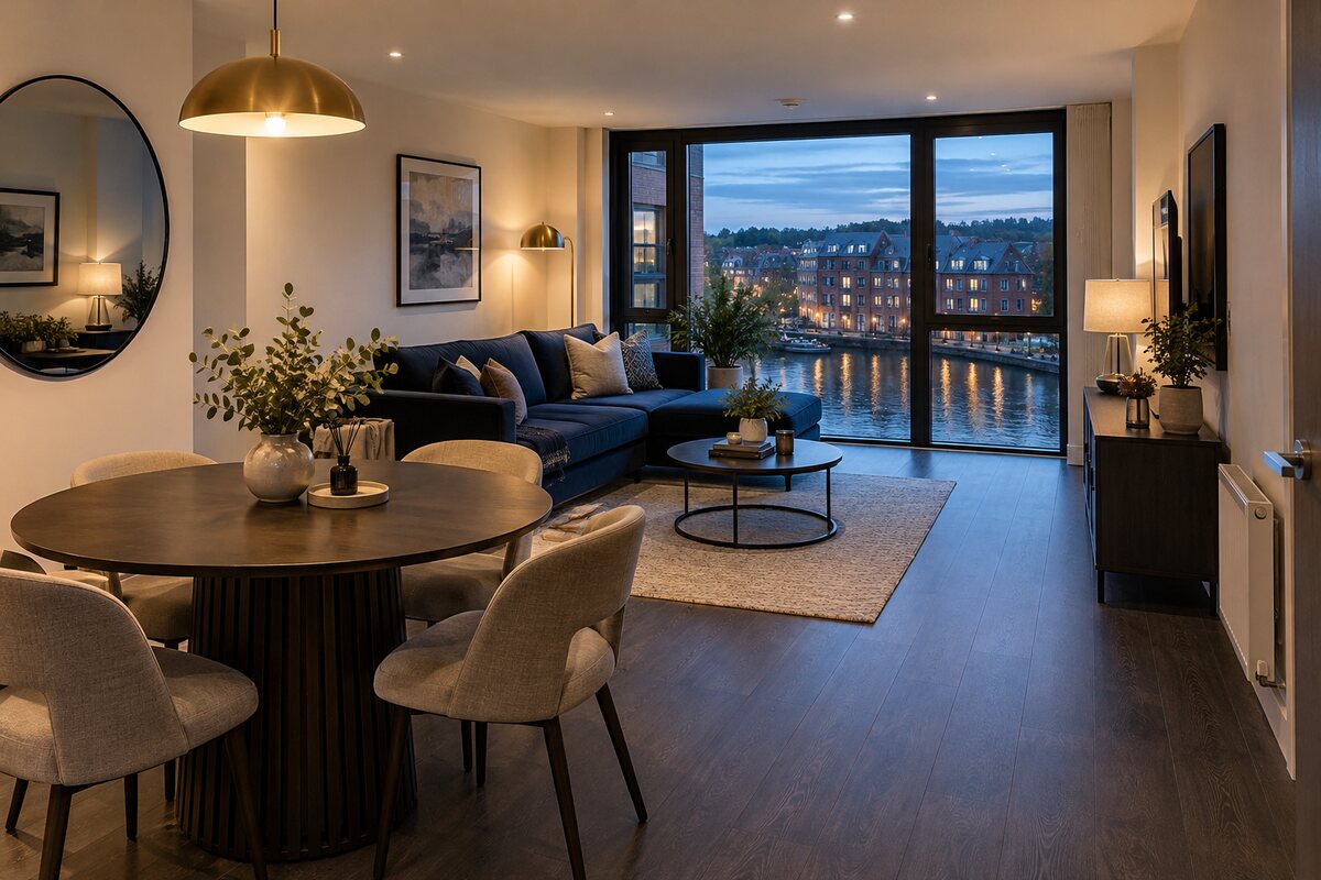 Living room in a new-build riverside two-bedroom flat, dusk, charcoal and brass