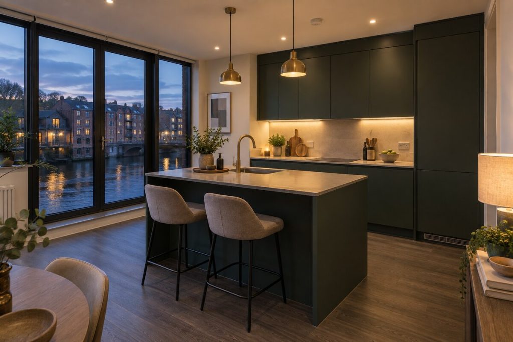 Kitchen in a new-build riverside two-bedroom flat, dusk, charcoal and brass
