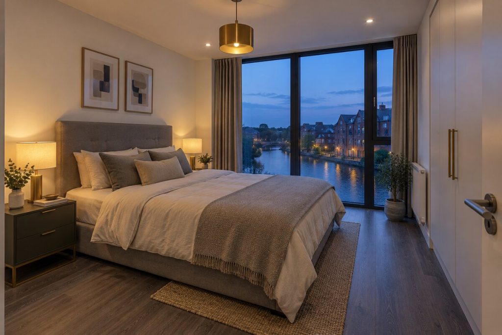 Bedroom in a new-build riverside two-bedroom flat, dusk, charcoal and brass