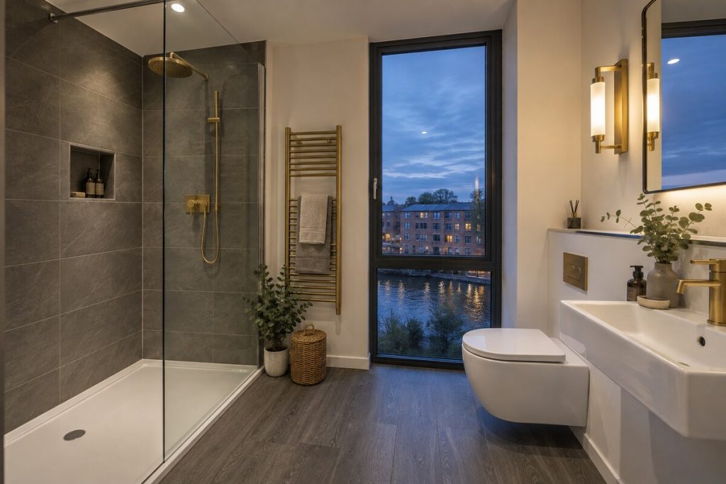 Bathroom in a new-build riverside two-bedroom flat, dusk, charcoal and brass
