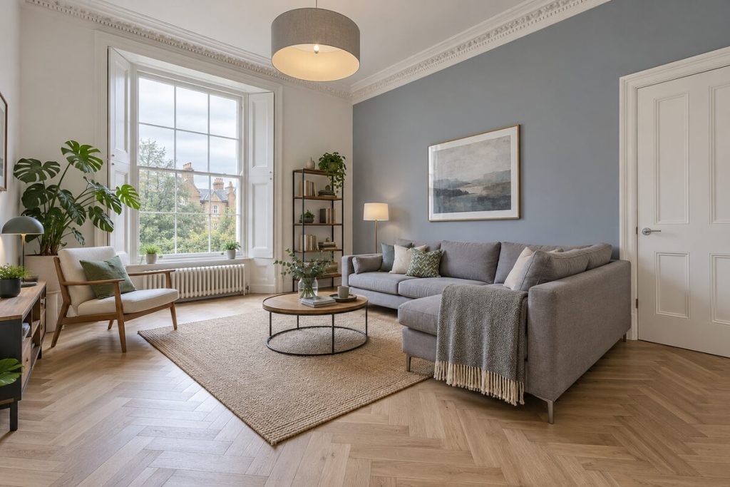 Living room in a converted Victorian building two-bedroom flat, high ceilings and modern fittings
