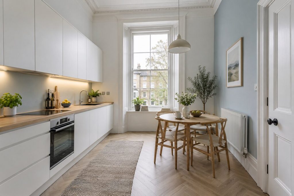 Kitchen in a converted Victorian building two-bedroom flat, high ceilings and modern fittings