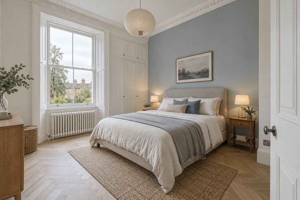Bedroom in a converted Victorian building two-bedroom flat, high ceilings and modern fittings