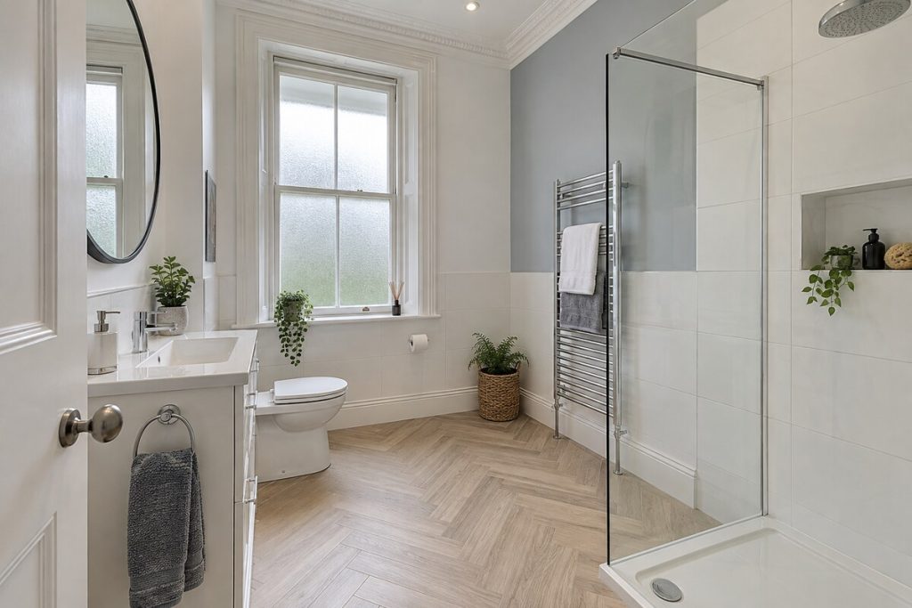 Bathroom in a converted Victorian building two-bedroom flat, high ceilings and modern fittings