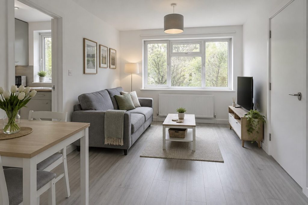Living room in a 1970s purpose-built one-bedroom flat, refurbished, neutral