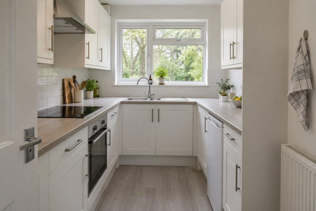 Kitchen in a 1970s purpose-built one-bedroom flat, refurbished, neutral