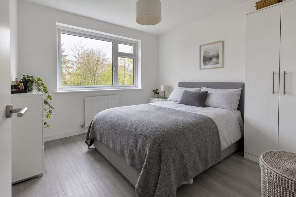 Bedroom in a 1970s purpose-built one-bedroom flat, refurbished, neutral