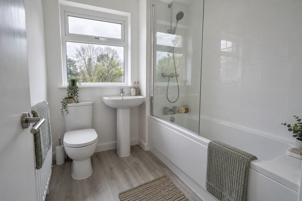 Bathroom in a 1970s purpose-built one-bedroom flat, refurbished, neutral