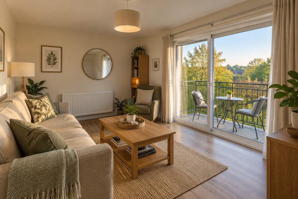 Living room in a 1970s purpose-built two-bedroom flat with balcony, refurbished, warm neutrals