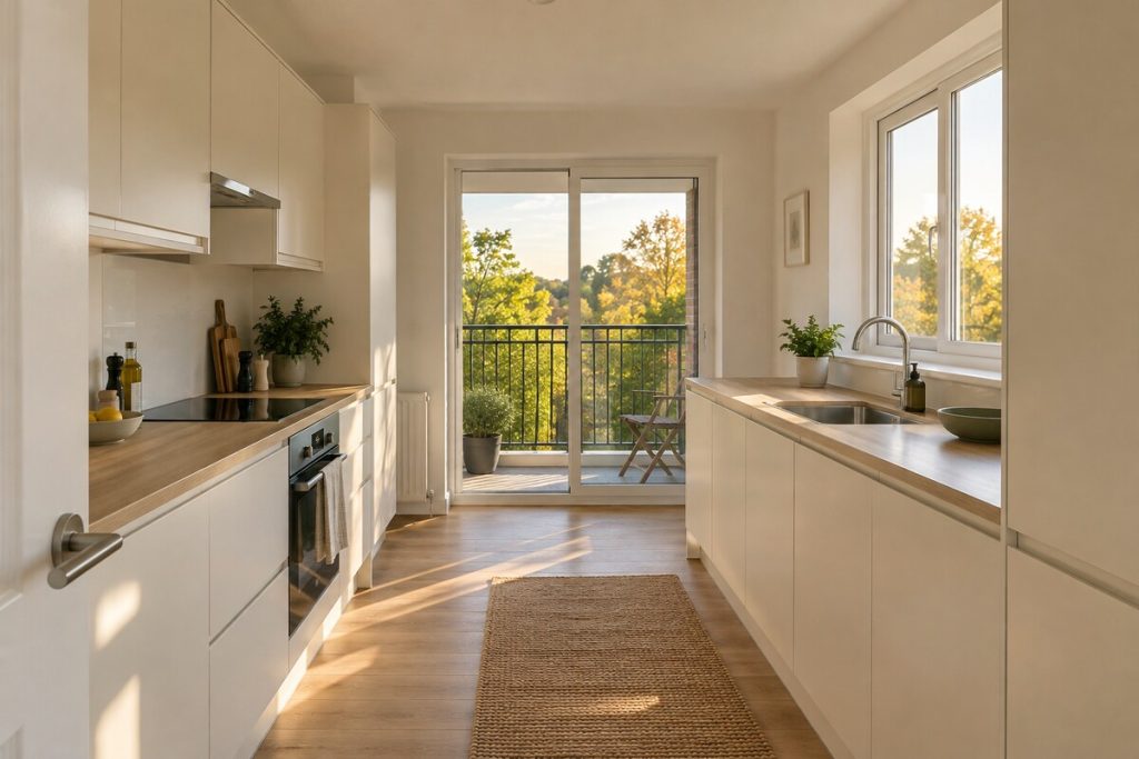 Kitchen in a 1970s purpose-built two-bedroom flat with balcony, refurbished, warm neutrals