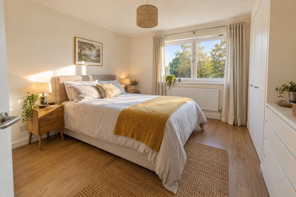Bedroom in a 1970s purpose-built two-bedroom flat with balcony, refurbished, warm neutrals