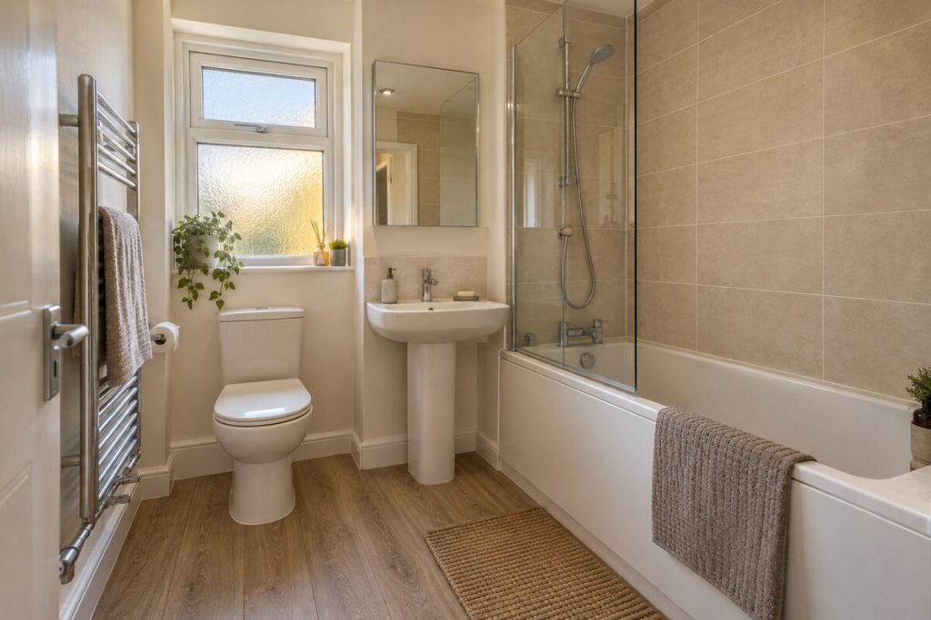 Bathroom in a 1970s purpose-built two-bedroom flat with balcony, refurbished, warm neutrals