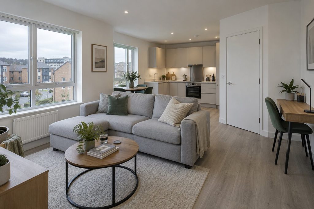 Living room in a new-build one-bedroom flat, bright white and grey, overcast