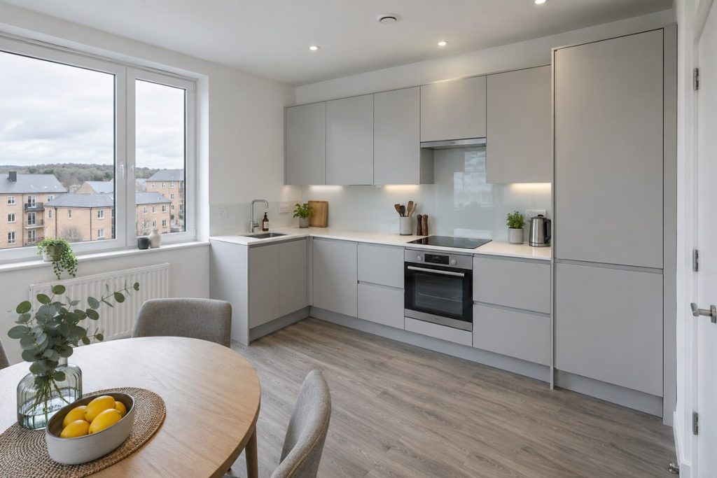 Kitchen in a new-build one-bedroom flat, bright white and grey, overcast
