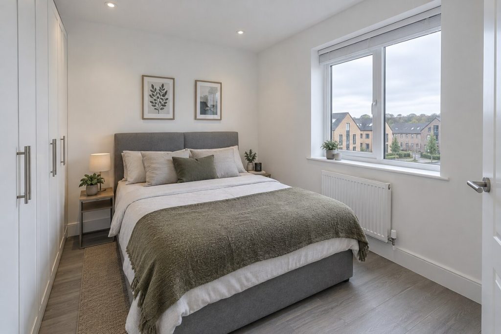 Bedroom in a new-build one-bedroom flat, bright white and grey, overcast