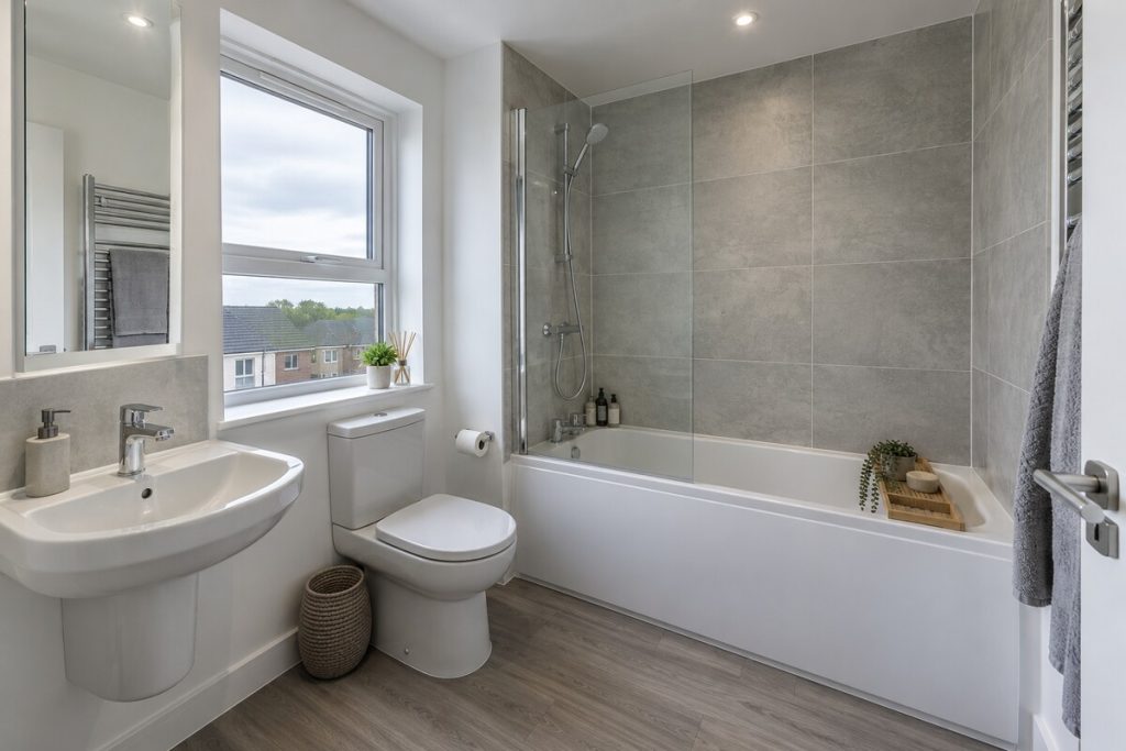 Bathroom in a new-build one-bedroom flat, bright white and grey, overcast