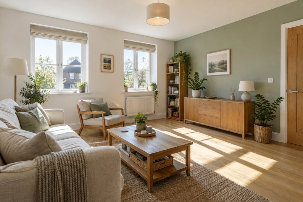 Living room in a new-build two-bedroom flat, sage and timber, sunny