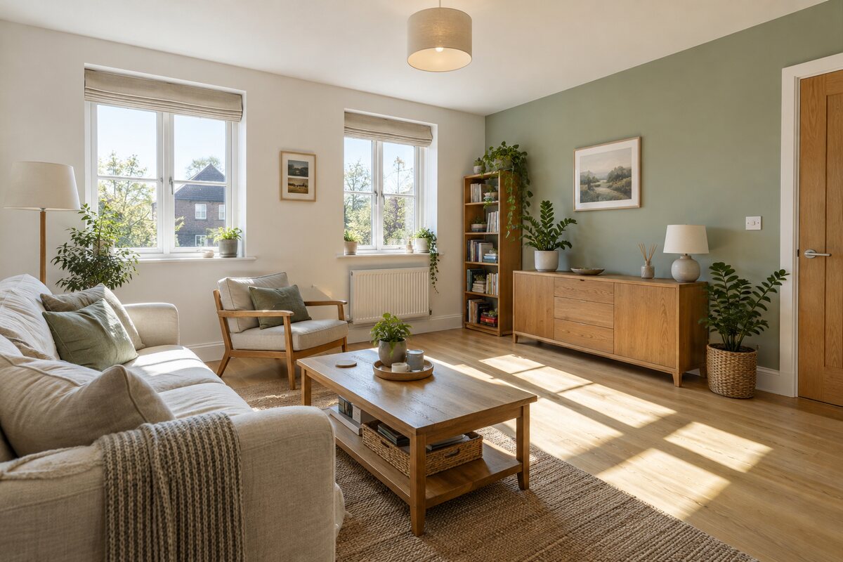 Living room in a new-build two-bedroom flat, sage and timber, sunny