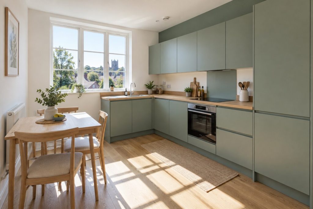 Kitchen in a new-build two-bedroom flat, sage and timber, sunny