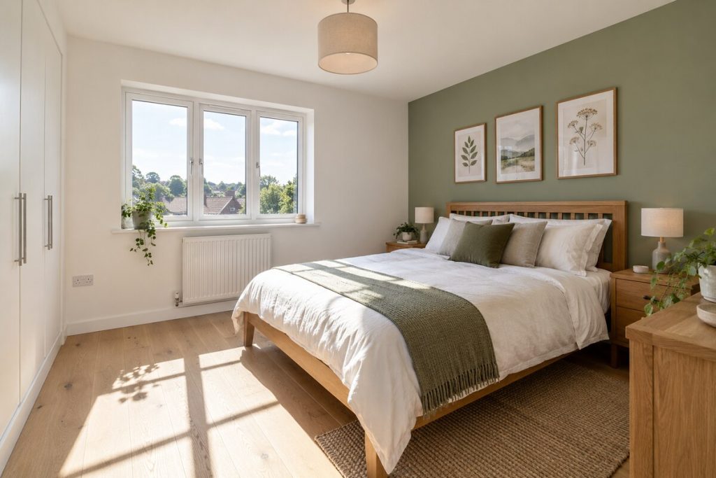 Bedroom in a new-build two-bedroom flat, sage and timber, sunny