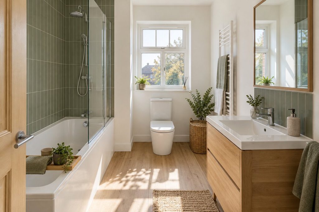 Bathroom in a new-build two-bedroom flat, sage and timber, sunny