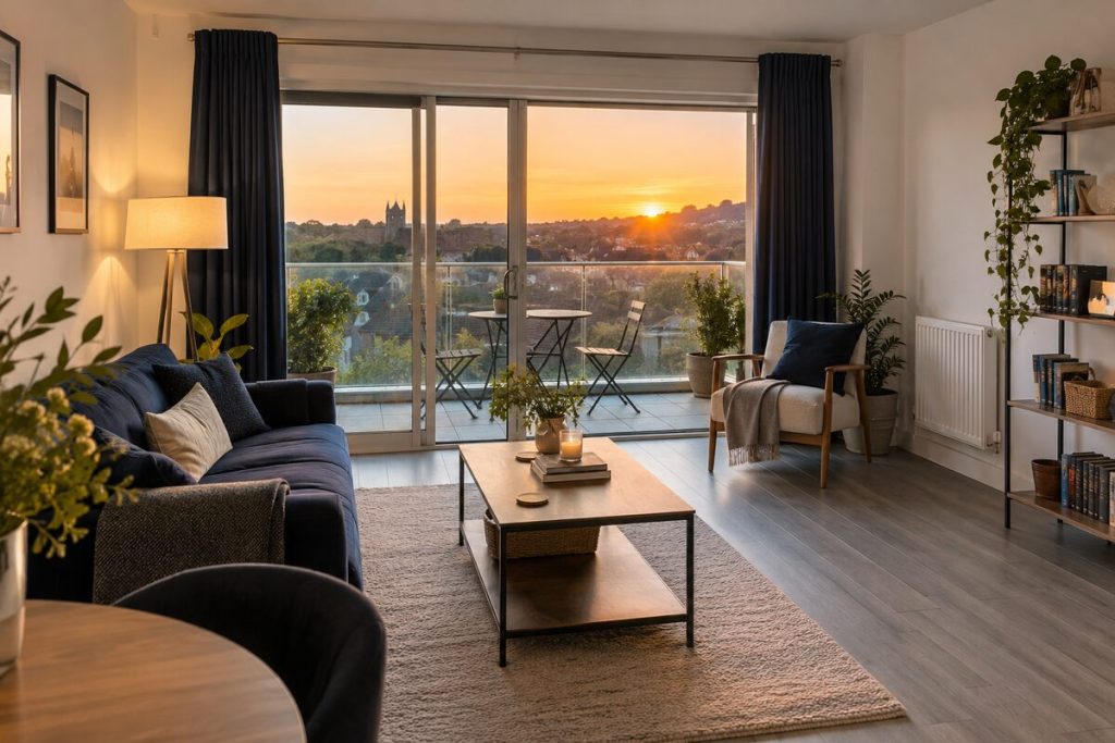 Living room in a new-build two-bedroom flat with balcony, evening, navy accents