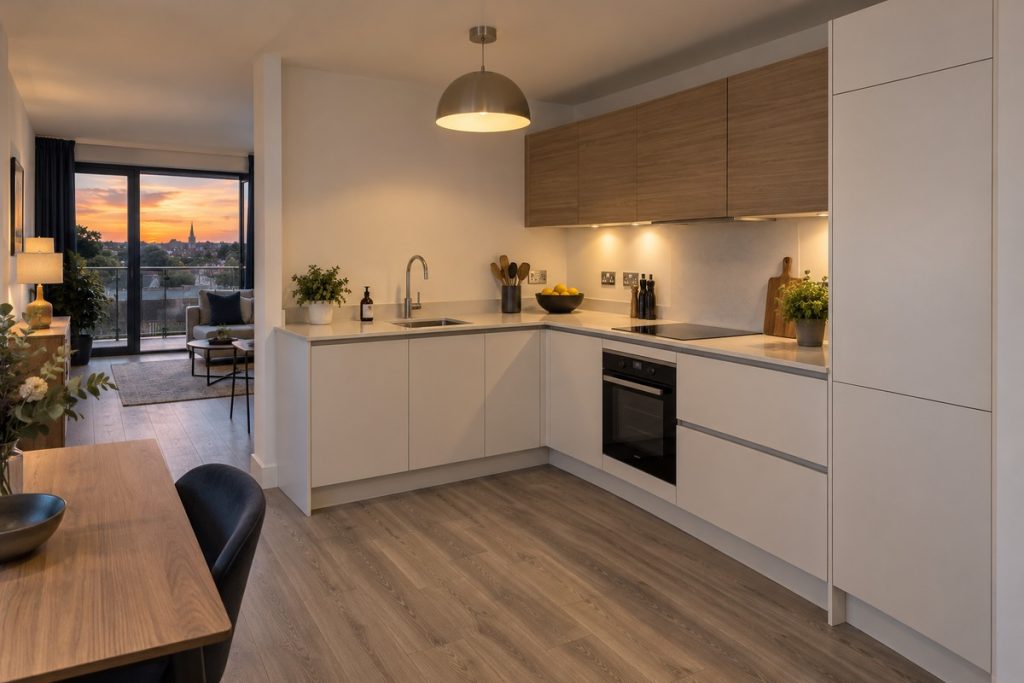 Kitchen in a new-build two-bedroom flat with balcony, evening, navy accents