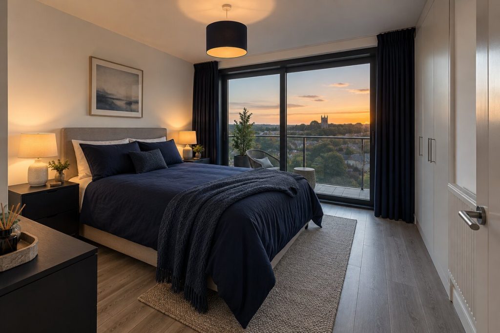 Bedroom in a new-build two-bedroom flat with balcony, evening, navy accents