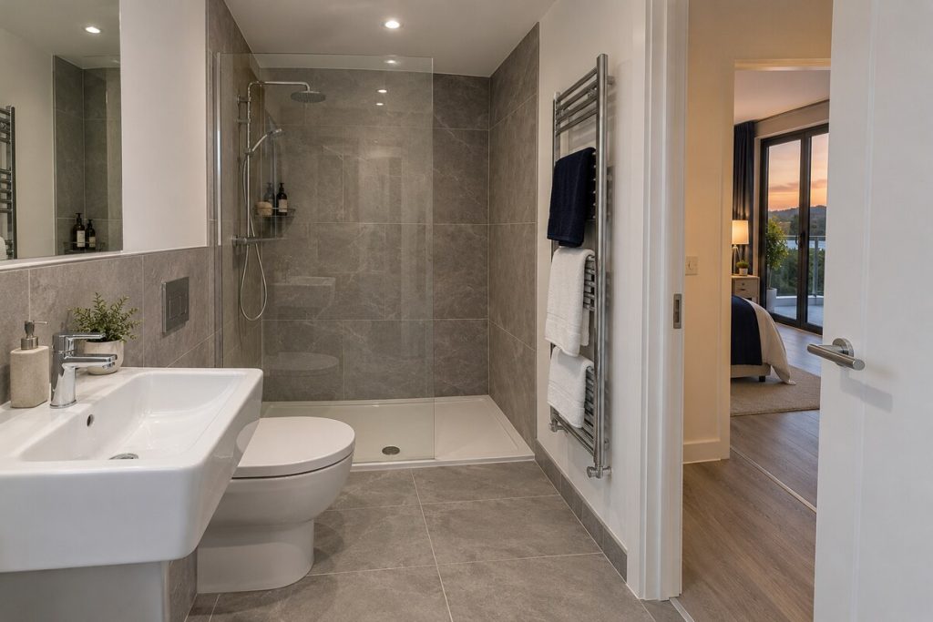 Bathroom in a new-build two-bedroom flat with balcony, evening, navy accents